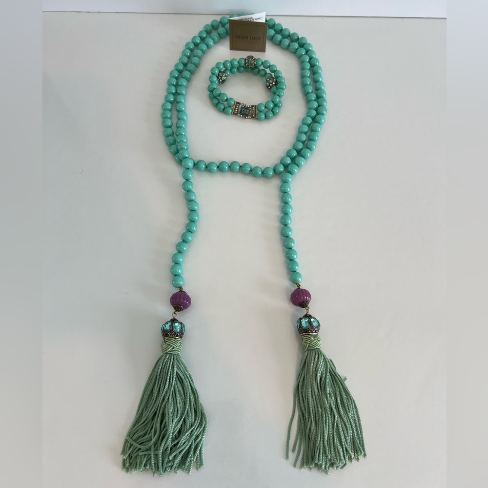 Heidi Daus Long Tassle Necklace Set and Beaded Teal Bracelet Swarovski Signed